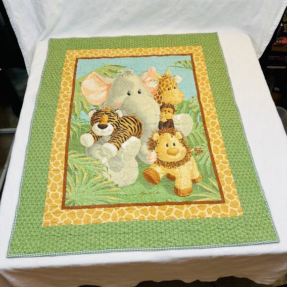 Baby Quilt Jungle Babies Green Brown Yellow 46.5" x 37.5" Green Gingham Backing - Picture 5 of 10